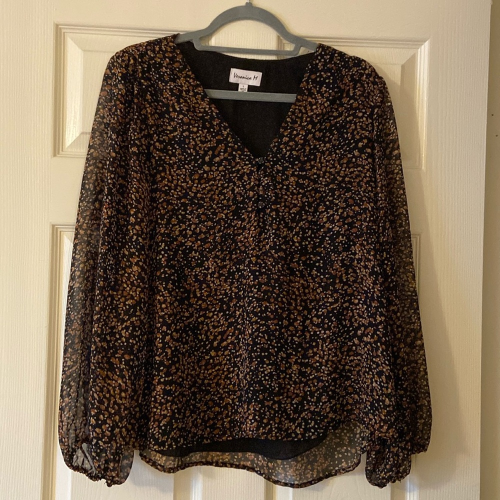 Veronica M sheer long sleeve blouse with lining neck, three buttons, sheer arms,